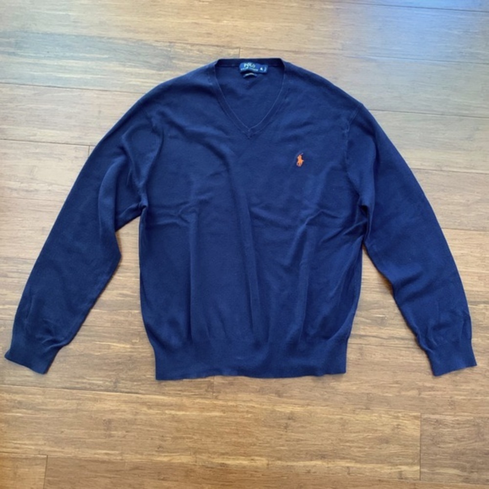 Vintage Polo Ralph Lauren Men’s Navy Blue Pima Cotton V-neck Sweater Size XL